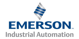 Emerson Industrial Automation logo with a blue and silver abstract symbol above the company name in bold blue letters, and “Industrial Automation” in gray below.