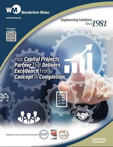 A person in a suit touches a virtual screen with icons of graphs, gears, and checklists. Text promotes Wunderlich-Malec as a partner for capital projects, highlighting excellence from concept to completion.