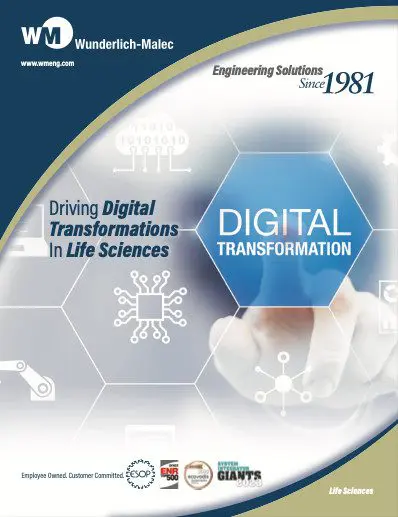 Cover page for Wunderlich-Malec highlighting "Driving Digital Transformations in Life Sciences" with a blue hexagon stating "Digital Transformation," circuit icons, and a hand touching a virtual interface.