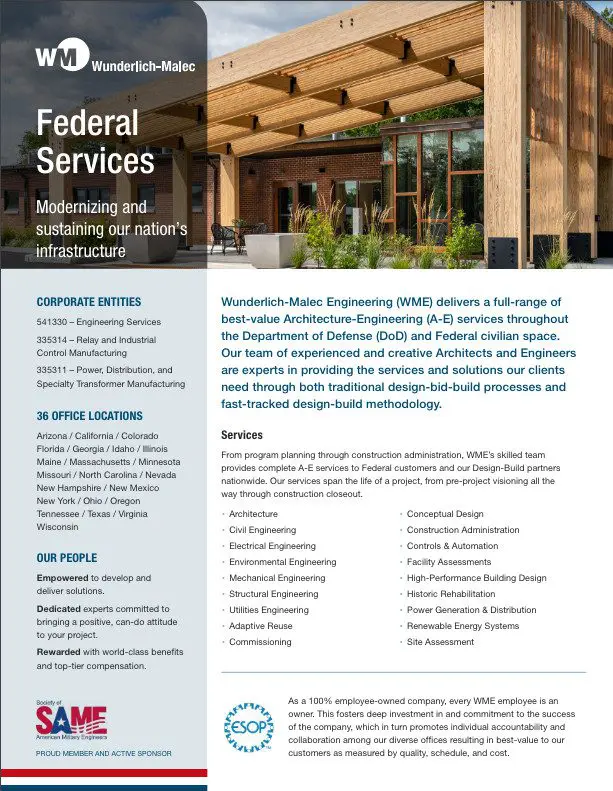 A corporate flyer for Wunderlich-Malec’s Federal Services describes their architecture and engineering solutions, lists services, office locations, values, and features logos for SAME and ESOP. The design uses navy, gray, and white colors.