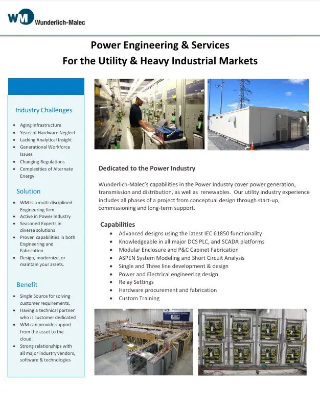 A company brochure for Wunderlich-Malec features text about their power engineering services, a list of industry challenges and solutions, and photos of electrical equipment, control panels, and industrial buildings.
