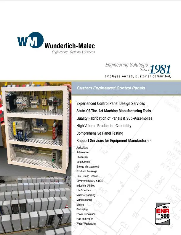 An advertisement for Wunderlich-Malec, showing an open control panel with wiring, text about their engineering services, industries served, and an ENR Top 500 logo. The slogan reads “Employee owned. Customer committed.”.