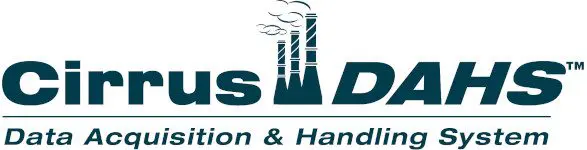Logo for Cirrus DAHS features stylized text with factory smoke stacks forming the “A” in “DAHS,” highlighting its role in emissions monitoring. Tagline below reads "Data Acquisition & Handling System.