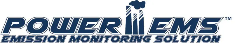 Logo for "POWER EMS Emission Monitoring Solution" featuring stylized industrial smokestacks forming the "E" in "EMS," emitting blue smoke, representing advanced CEMS and emissions monitoring technology.