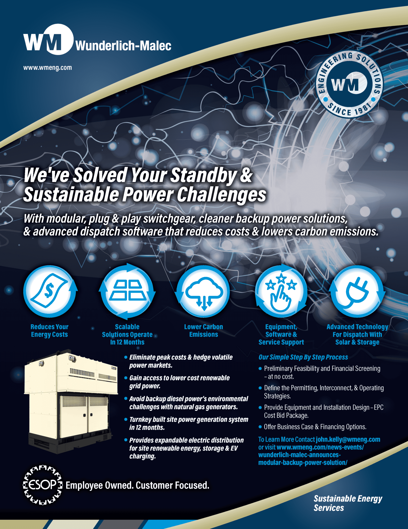 Promotional flyer for Wunderlich-Malec featuring modular power solutions to reduce energy costs and carbon emissions, with icons for energy cost reduction, scalability, and sustainability, and images of equipment and company logo.
