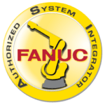 A yellow and black circular badge with a robotic arm in the center, the word "FANUC" in red letters, and the text "Authorized System Integrator" around the edge.