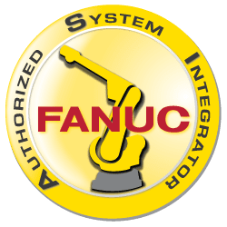 A yellow and black circular badge with a robotic arm in the center, the word "FANUC" in red letters, and the text "Authorized System Integrator" around the edge.