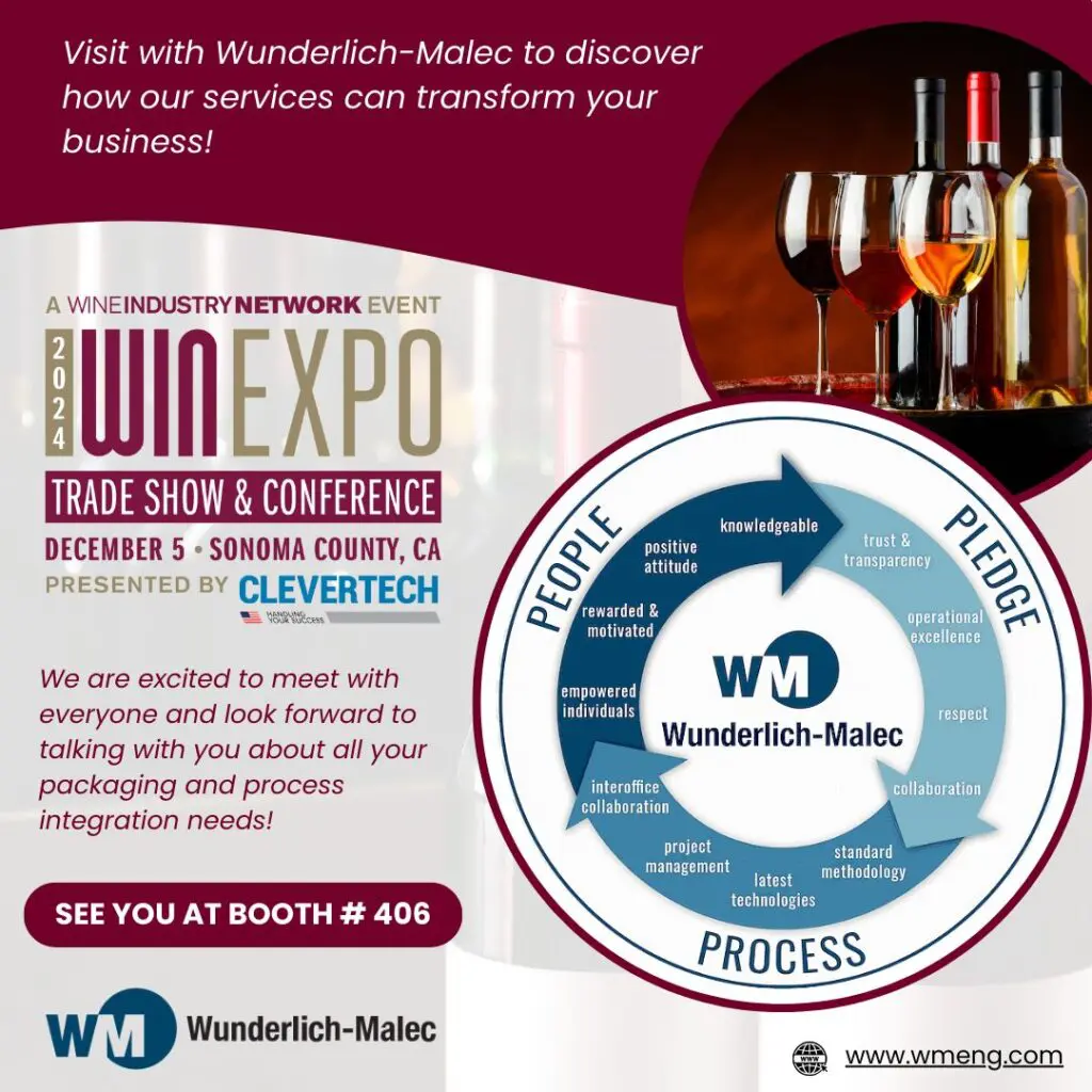 Promotional image for the WIN Expo Trade Show & Conference, featuring event details, wine glasses, and a Wunderlich-Malec circle graphic highlighting business values. Includes a call to visit booth #406.