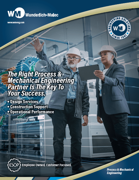 Two engineers in safety gear discuss and point towards machinery in an industrial setting. Text highlights Wunderlich-Malec as a process and mechanical engineering partner, with services listed and company logo visible.