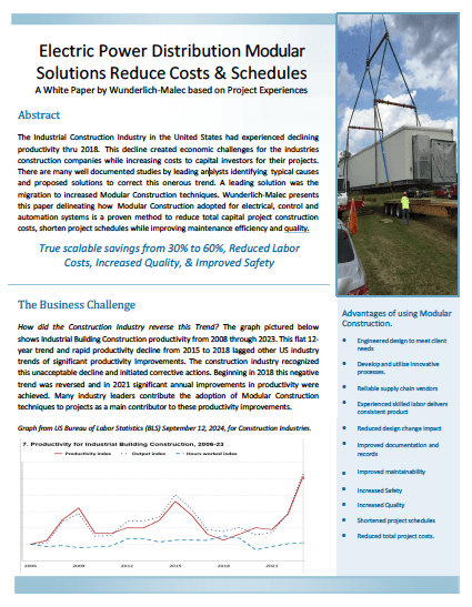 A white paper titled "Electric Power Distribution Modular Solutions Reduce Costs & Schedules," featuring text, a photo of a modular construction site, and bulleted benefits of modular construction. Blue and white color scheme throughout.
