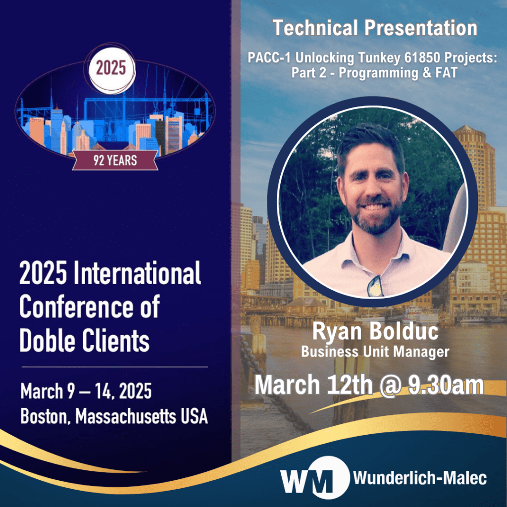 Promotional graphic for the 2025 International Conference of Doble Clients in Boston, featuring Ryan Bolduc’s technical presentation scheduled for March 12th at 9:30 AM. Includes event dates, location, and Wunderlich-Malec logo.
