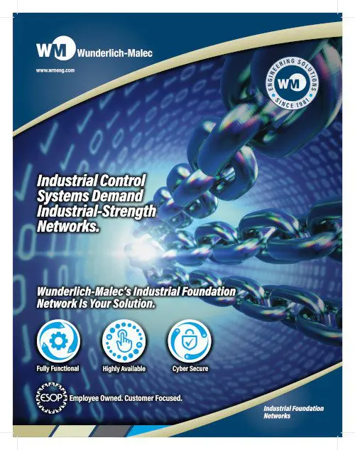Advertisement for Wunderlich-Malec featuring large steel chain links with text promoting industrial-strength networks. Icons highlight full functionality, high availability, cyber security, and employee ownership. Company logos are visible.