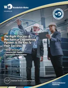 Two engineers in safety helmets discuss in an industrial facility; one points while the other holds a tablet. Text highlights the engineering services offered by Wunderlich-Malec, a leader in innovative industrial solutions.