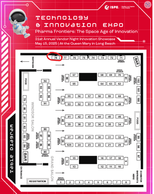 Floor plan for the 2025 Technology & Innovation Expo, showing numbered vendor booths, two bars, salons, a stage, and registration area. Booth 78 is highlighted in red. Event at the Queen Mary on May 15, 2025.