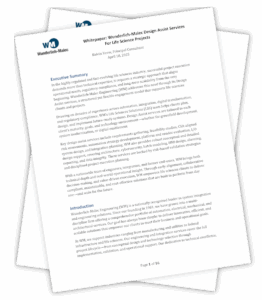 A whitepaper titled "Wunderlich-Malec Design Assist Services For Life Science Projects" with text by Kelvin Yeow on letterhead featuring the Wunderlich-Malec logo. The document is slightly rotated and sits atop another page.