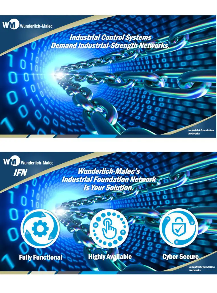 IFN - Industrial Strength Networks for ICS A digital illustration of a strong metal chain overlaid on blue binary code, symbolizing secure, robust industrial networks, with icons for functionality, availability, and cybersecurity below the image.
