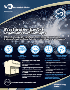 Promotional graphic for Wunderlich-Malec highlights modular, plug & play switchgear and backup power solutions for energy cost savings, scalability, lower carbon emissions, equipment safety, and advanced technology. Image of industrial equipment shown.