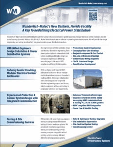 An informational flyer describes Wunderlich-Malec’s new Baldwin facility, featuring photos of the building and electrical enclosures, and highlights services in substation engineering, enclosures, systems integration, and testing.