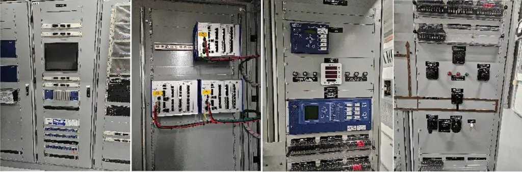 A collage of three electrical control panels featuring various electronic components, switches, wiring, buttons, meters, and circuit boards arranged inside metal enclosures.