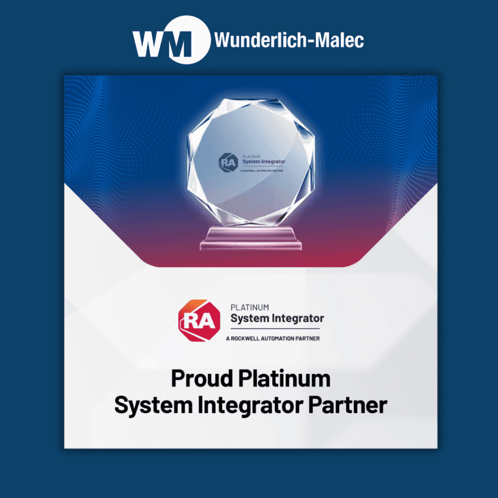 A crystal award with the Rockwell Automation logo sits above text reading “Proud Platinum System Integrator Partner” and the Wunderlich-Malec logo on a blue background.
