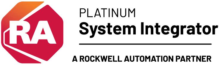 Logo with a red hexagon featuring "RA" and the text "Platinum System Integrator" above a line, with "A Rockwell Automation Partner" below it.