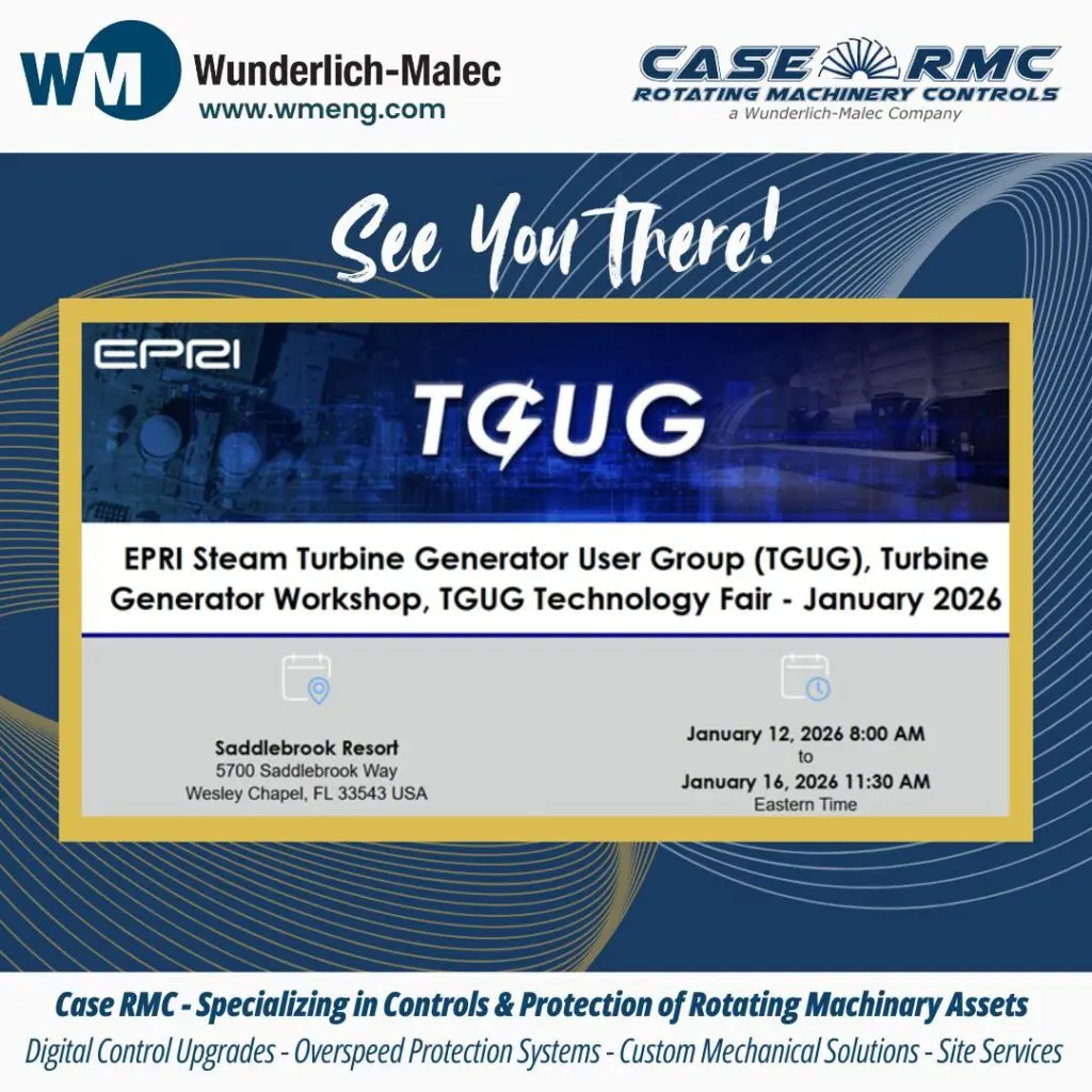 Event promo graphic for the EPRI Steam Turbine Generator User Group (TGUG) Workshop and Technology Fair, January 2026 in Wesley Chapel, FL, by Wunderlich-Malec’s Case RMC. Blue, gold, and white theme with event details.