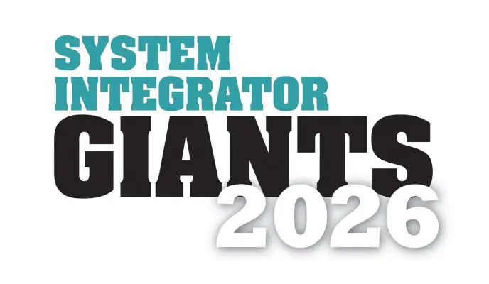 Logo with the words "System Integrator Giants 2026" in bold teal and black text, with "2026" in large white numbers overlapping the word "GIANTS." The background is white.
