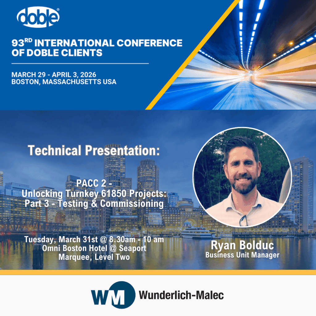 Promotional graphic for the 93rd International Conference of Doble Clients. Features session info for Ryan Bolduc’s presentation on testing and commissioning, with event details and a cityscape background.