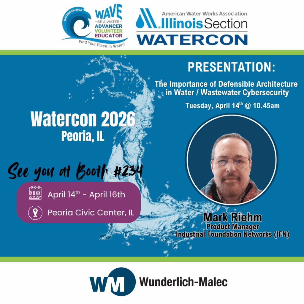 Promotional graphic for WATERCON 2026 in Peoria, IL, featuring Mark Riehm and his cybersecurity presentation. Includes event dates (April 14–16), booth #234, and Wunderlich-Malec branding.