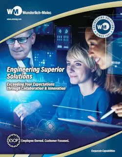 Cover of a corporate brochure featuring three professionals collaborating with digital interface graphics. Text showcases "Engineering Superior Solutions" alongside prominent wunderlich-malec branding.