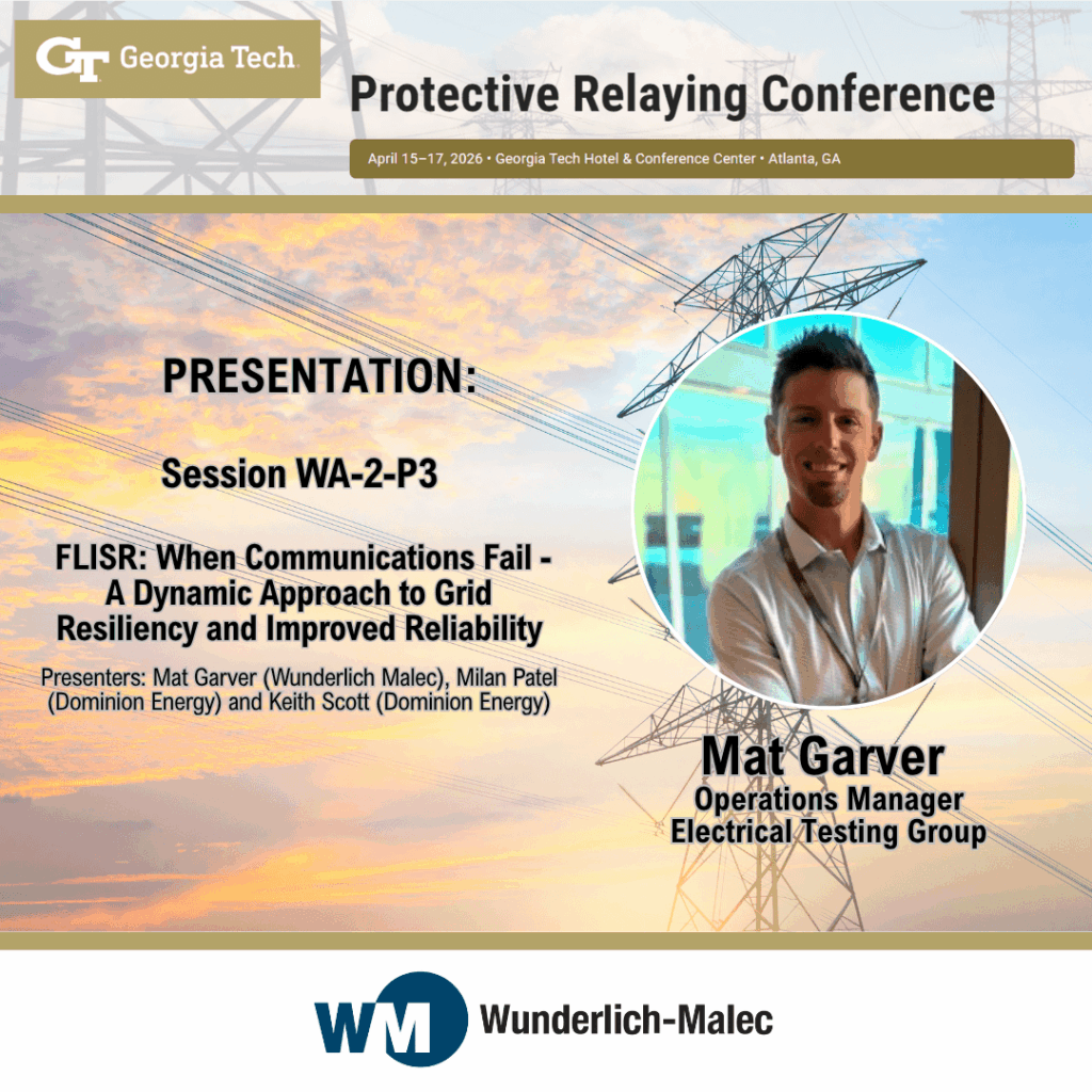 Conference slide for the Georgia Tech Protective Relaying Conference, featuring a photo of Mat Garver, Operations Manager at Electrical Testing Group, and details of his presentation on FLISR and grid reliability.