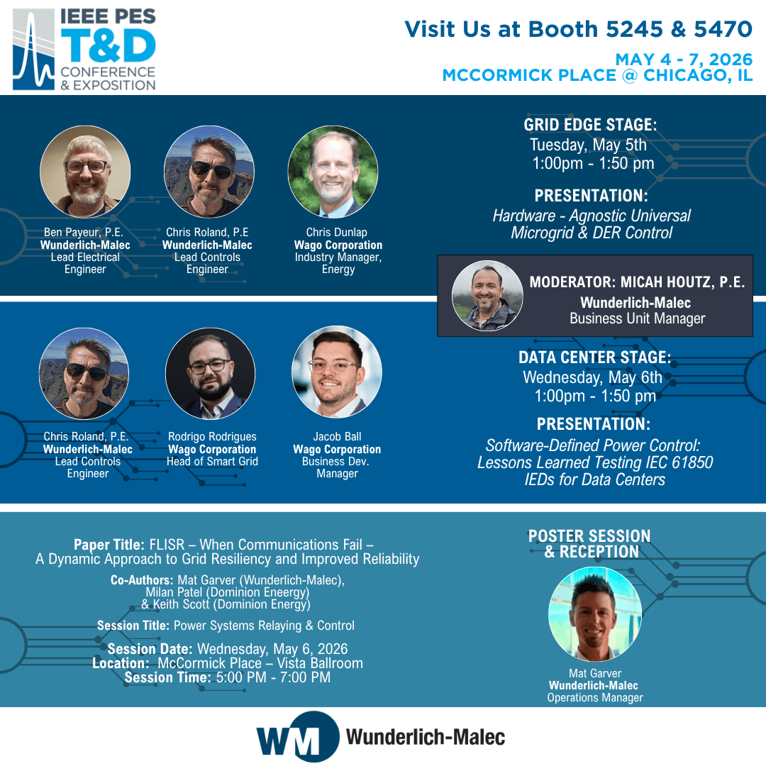 Promotional flyer for the IEEE PES T&D Conference, May 4-7, 2026, in Chicago. It lists session details, speakers from Wunderlich-Malec, and booth information. The flyer features company and speaker photos, logos, and a blue color scheme.