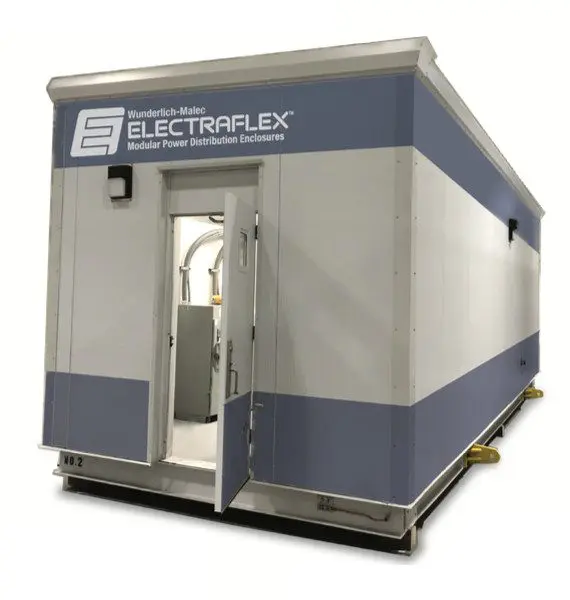A large, rectangular modular power distribution enclosure with the label "Wunderlich-Malec Electraflex" above the door. The unit is white and gray, and its door is open, revealing electrical equipment inside.