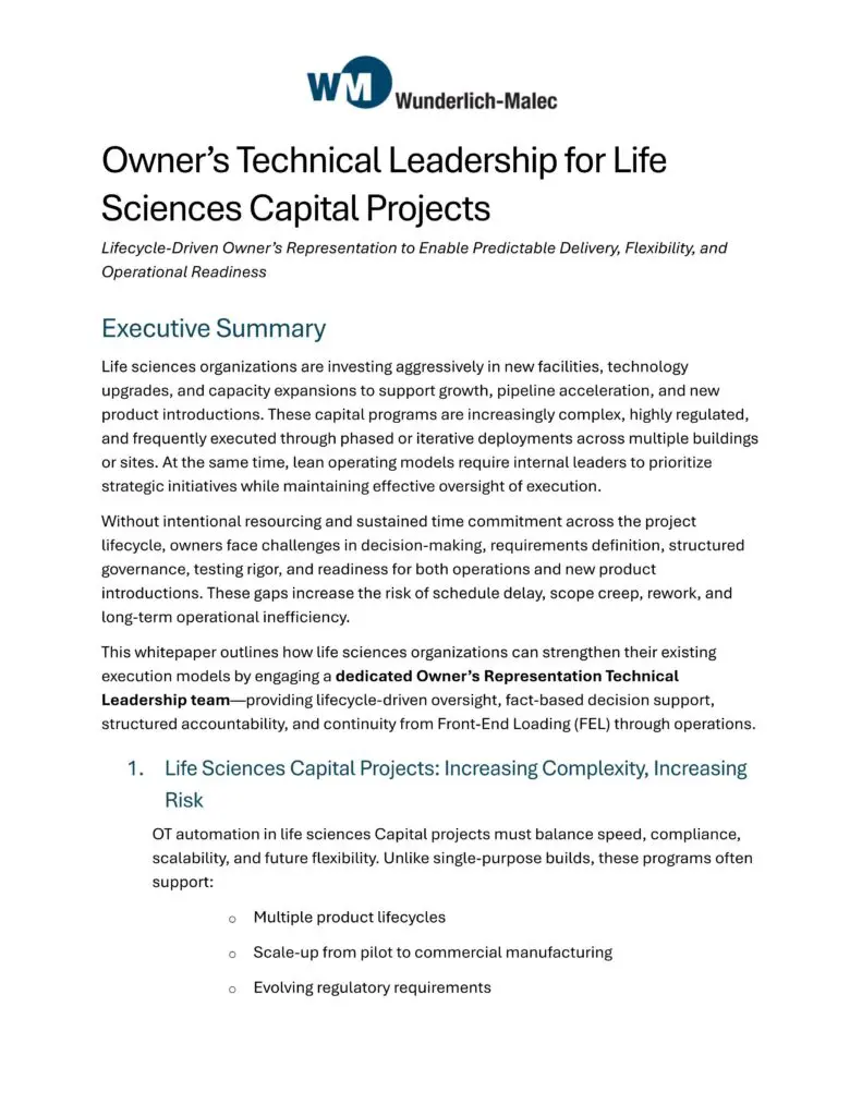 A page titled "Owner’s Technical Leadership for Life Sciences Capital Projects" by Wunderlich-Malec, including an executive summary about lifecycle-driven technical leadership, risks, and common issues in life sciences projects.