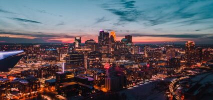 Minneapolis cityscape at night.