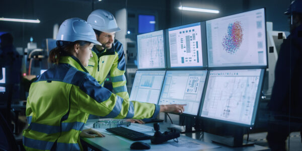 Project Engineer Talks to Female Operator who Controls Facility Production Line, Uses Computer with Screens Showing AI, Machine Learning Enhanced Assembly Process.