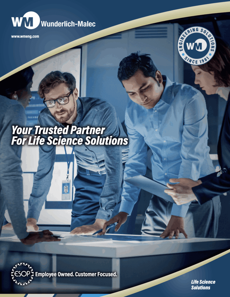 Three professionals examine documents and a tablet on a conference table in a modern office. The image includes Wunderlich-Malec and Life Science Solutions branding, with the text, "Your Trusted Partner For Life Science Solutions.