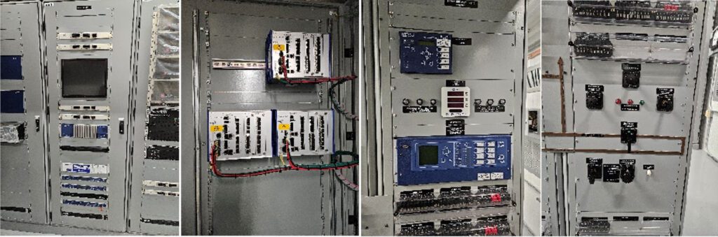 A collage of three electrical control panels featuring various electronic components, switches, wiring, buttons, meters, and circuit boards arranged inside metal enclosures.