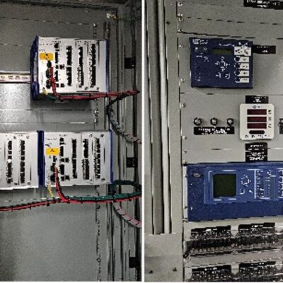 Picture1 A collage of three electrical control panels featuring various electronic components, switches, wiring, buttons, meters, and circuit boards arranged inside metal enclosures.