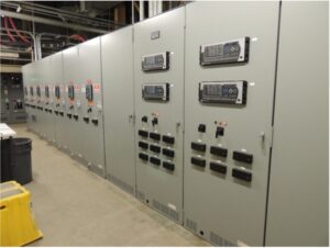 A row of grey electrical boxes.