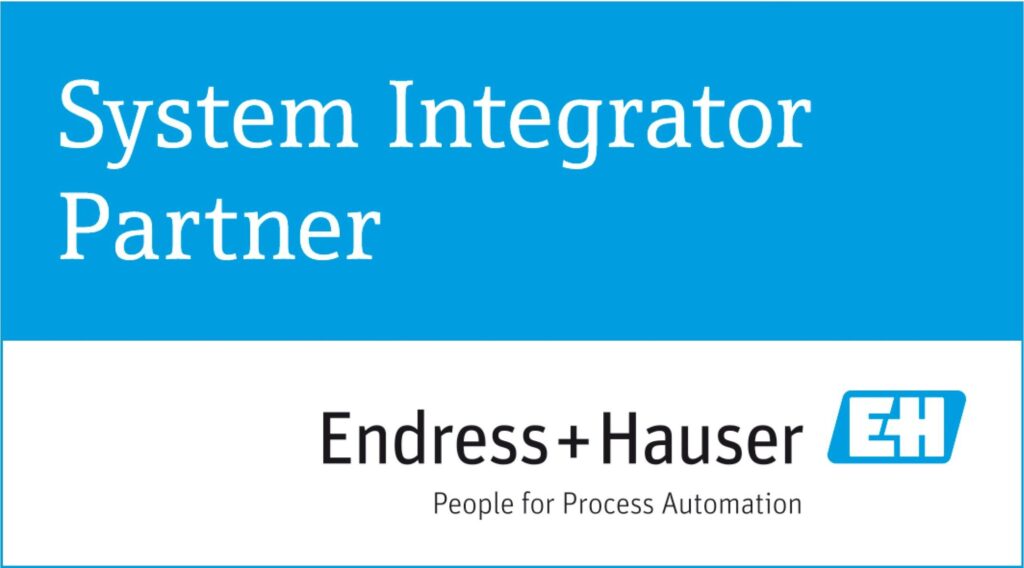 System Integrator Partner logo Blue and white sign with the words "System Integrator Partner" and the logo for Endress+Hauser, featuring "People for Process Automation" below.