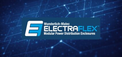 Logo for "Wunderlich-Malec ELECTRAFLEX Modular Power Distribution Enclosures" on a blue, digital, circuit-like background with white lines and glowing nodes.
