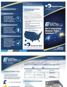 Brochure for Wunderlich-Malec ELECTRAFLEX modular power solutions, featuring company branding, benefits, a US map of service centers, installation options, industry applications, and a product photo of an electrical enclosure.