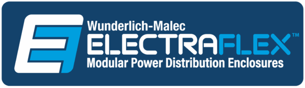 Logo for Wunderlich-Malec ELECTRAFLEX Modular Power Distribution Enclosures, featuring a bold stylized "E" and text in white and blue on a dark blue background.