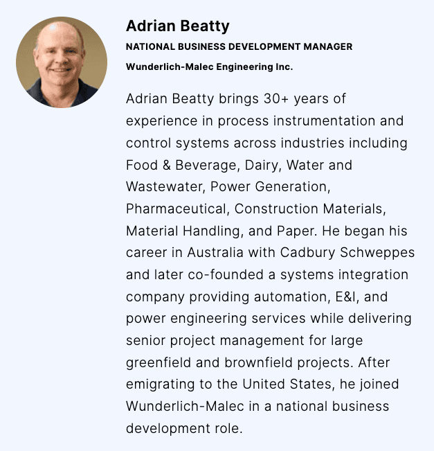 Headshot of Adrian Beatty with text summarizing his role as National Business Development Manager at Wunderlich-Malec and his 30+ years of engineering experience across various industries.