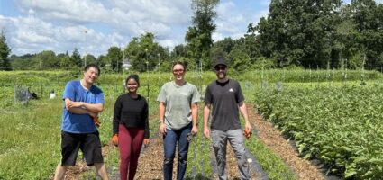 WM PM 1 Four people stand smiling in a row on a sunny day in a vegetable garden, surrounded by green plants and trees under a blue sky with white clouds.