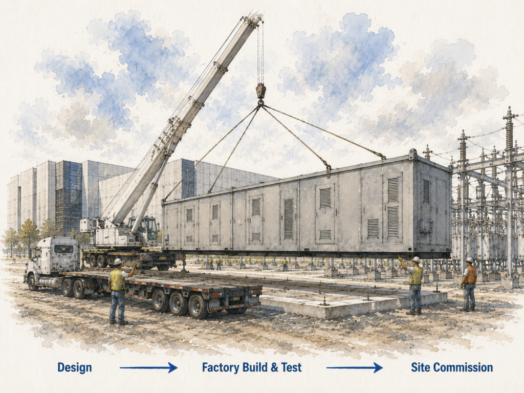 Data Center Enclousure with Text (1) A crane lifts a large prefabricated building onto a foundation at an industrial site while workers guide it. Text below shows phases: Design, Factory Build & Test, and Site Commission.