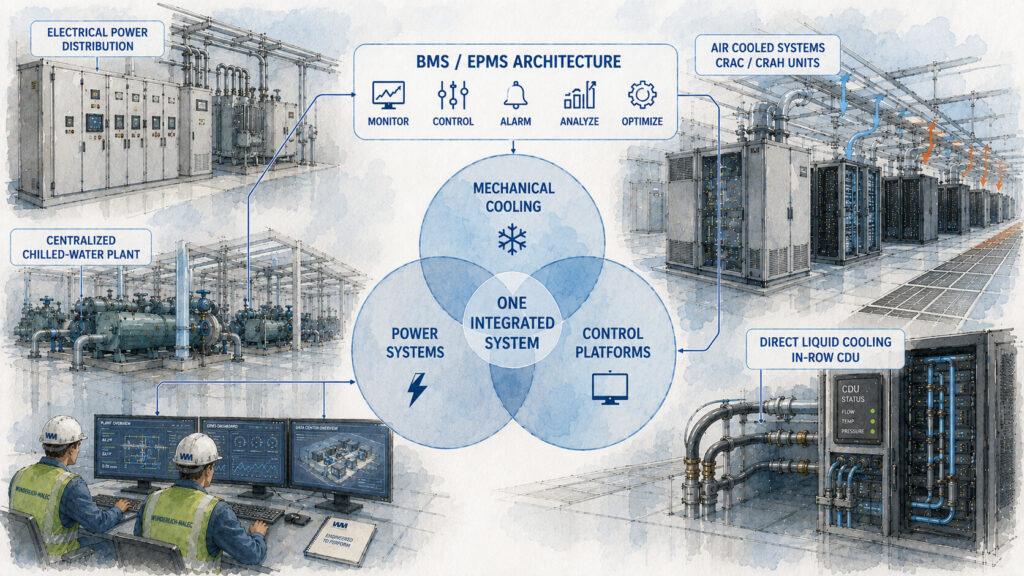 Integrated Cooling-Power Systems Diagram linking electrical power distribution, a centralized chilled-water plant, air cooled CRAC and CRAH units and direct liquid cooling into one integrated BMS and EPMS architecture