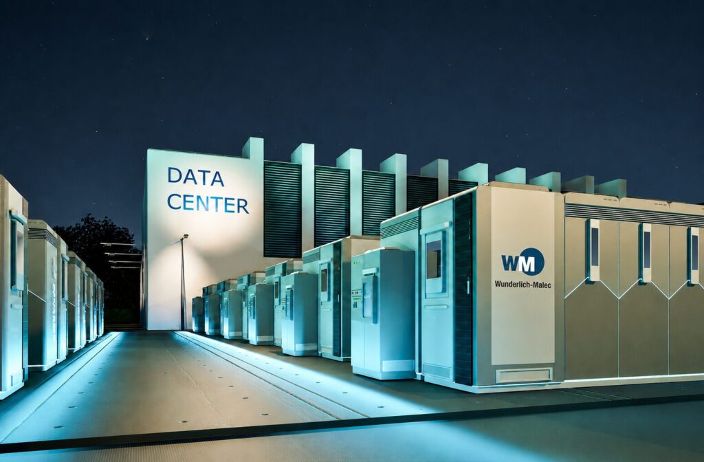 Data Center Modular Power Enclosures Row of Wunderlich-Malec modular power distribution enclosures lit at night outside a data center