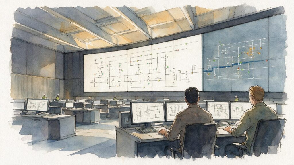 Systems Integration Accountability Illustration of a data center control room where engineers at consoles monitor one-line power schematics on a large wall display